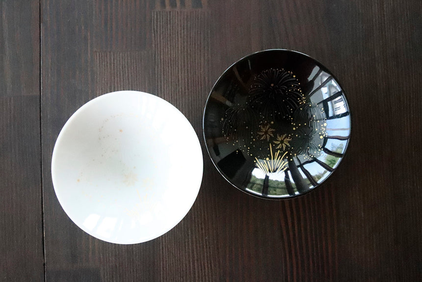 冷感花火 白平盃ペアセット|美濃焼、平盃、日本酒|丸モ高木陶器