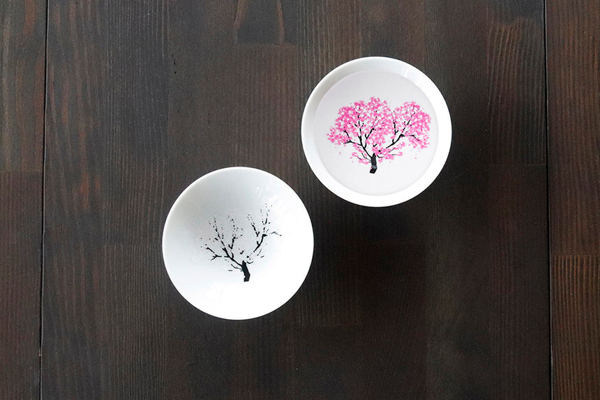 冷感桜 白平盃ペアセット|美濃焼、平盃、日本酒|丸モ高木陶器