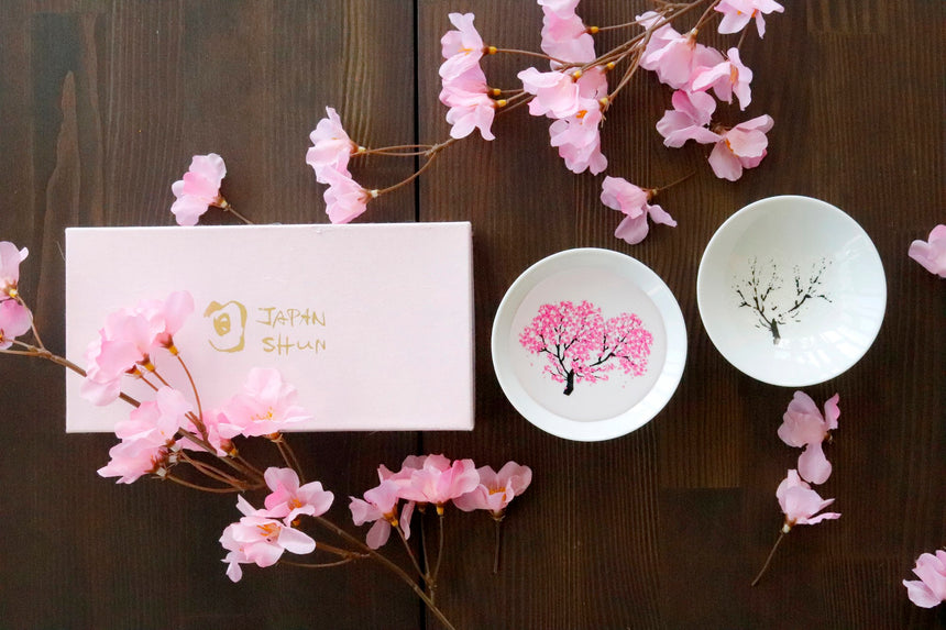 冷感桜 白平盃ペアセット|美濃焼、平盃、日本酒|丸モ高木陶器