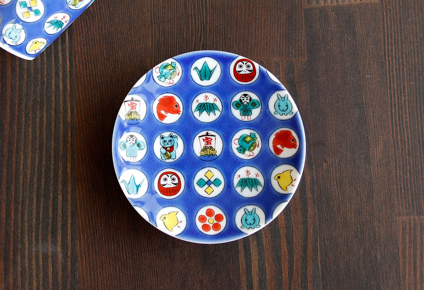 Japanese KUTANI ware Small Plate|traditional design,Fuji,Fujin,Raijin,Manekineko